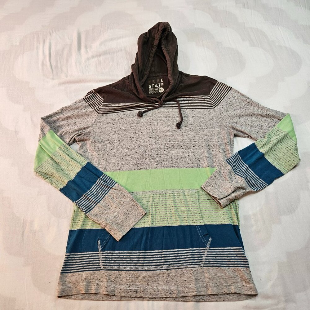 FREE STATE Pullover Hoodie Womens Sz M Striped Gray Mint Green Kangaroo Pockets